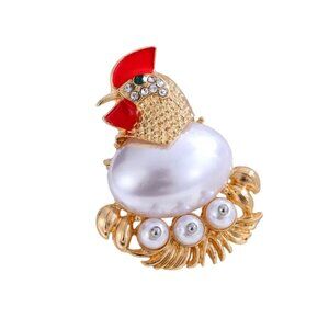 Chicken Hen Brooch With Imitation Pearl & Rhinestones Gold Tone